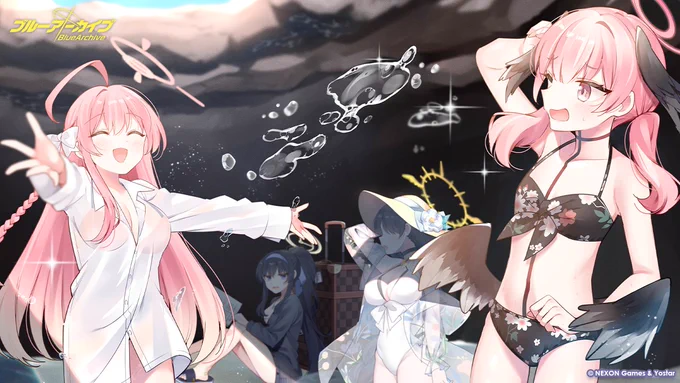 【お祝いイラスト】 はまじあき()先生から、「隠されし遺産を求めて ～トリニティの課外活動～」のお祝いイラストを頂きました!ありがとうございます!  無人島の遺跡調査中、息抜きで海で遊ぶ調査チームの皆さん! 折角の海ですし、ウイさんも一緒に遊びませんか? #ブルアカ