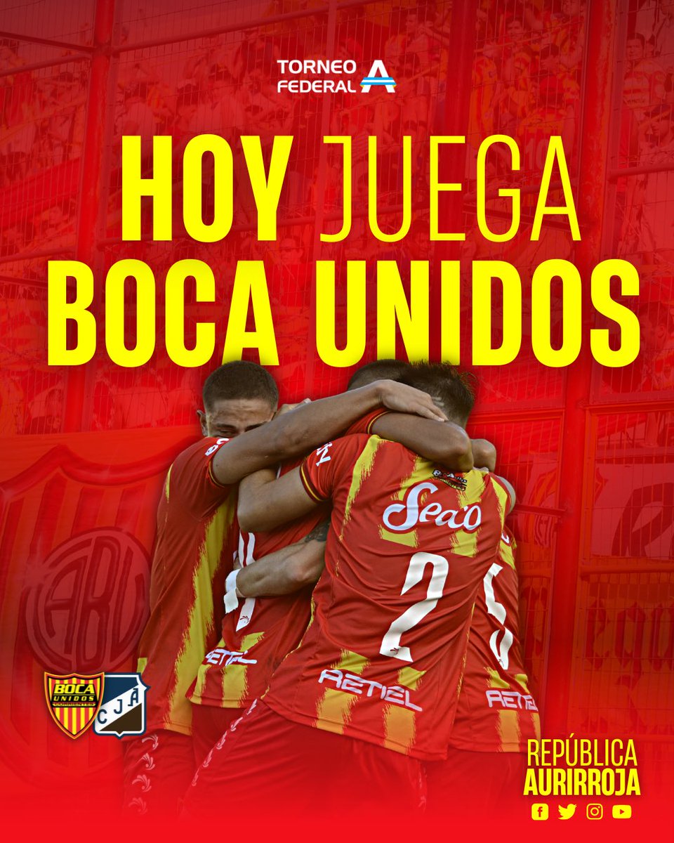 BocaUnidosRA's tweet photo. 𝗛𝗢𝗬 #JuegaBocaUnidos 🥳⚽️
🆚 #JuventudAntoniana
🏆 #FederalA - Fecha 23
⏰ 15:30
🏟 Predio Leoncio Benítez
📺 #RAStreaming (YouTube).
#VamosAurirrojo ❤️💛 https://t.co/0h5lsfi3b4
