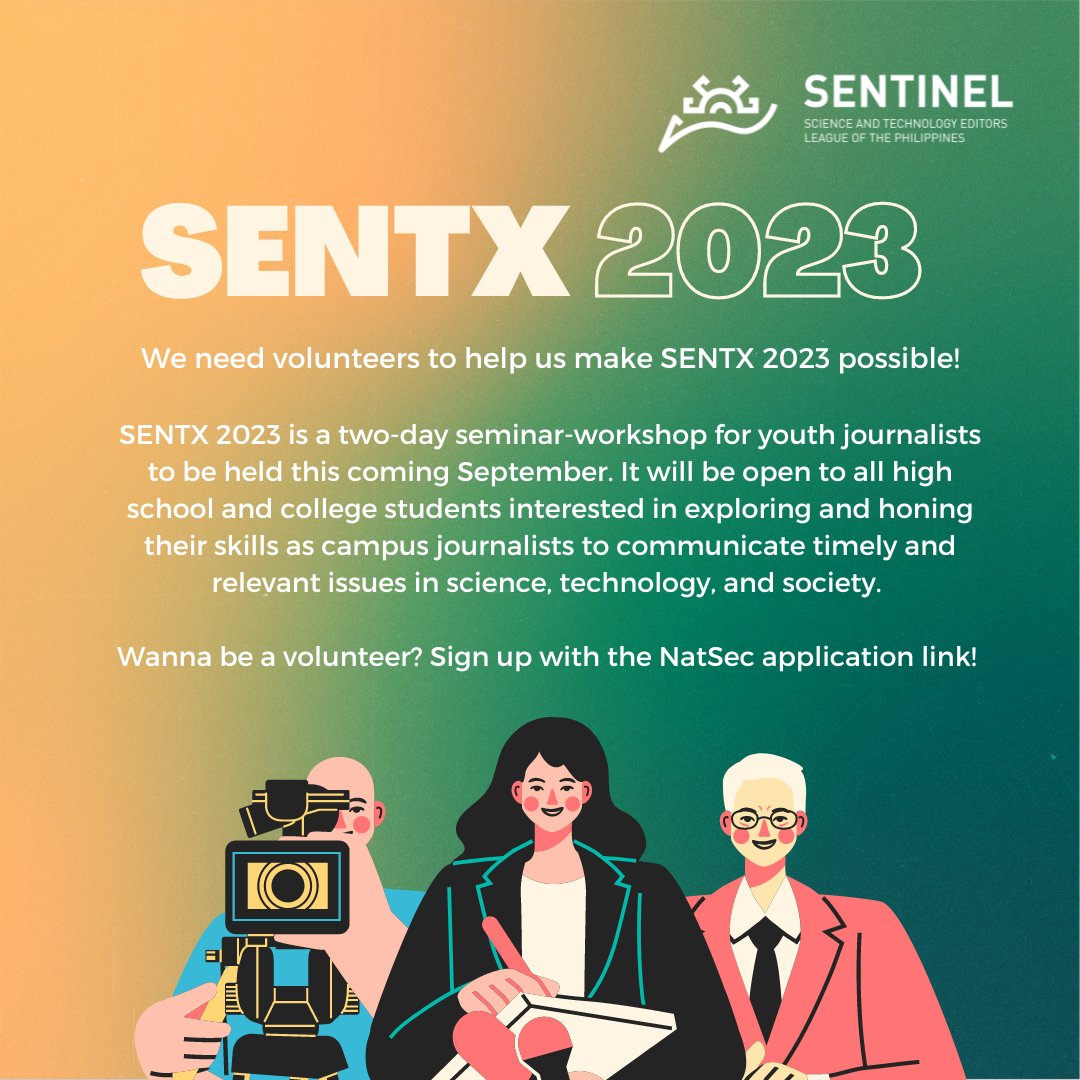 ph_sentinel's tweet photo. We also need volunteers to help us make SENTX 2023 possible! 

Wanna be a SENTX 2023 Volunteer? Sign up for using the National Secretariat link down below! SENTX 2023 Volunteers will also be automatically part of the National Secretariat.

☞ Sign up at: https://t.co/mauJd0J24Y https://t.co/NmDrJSQgrz