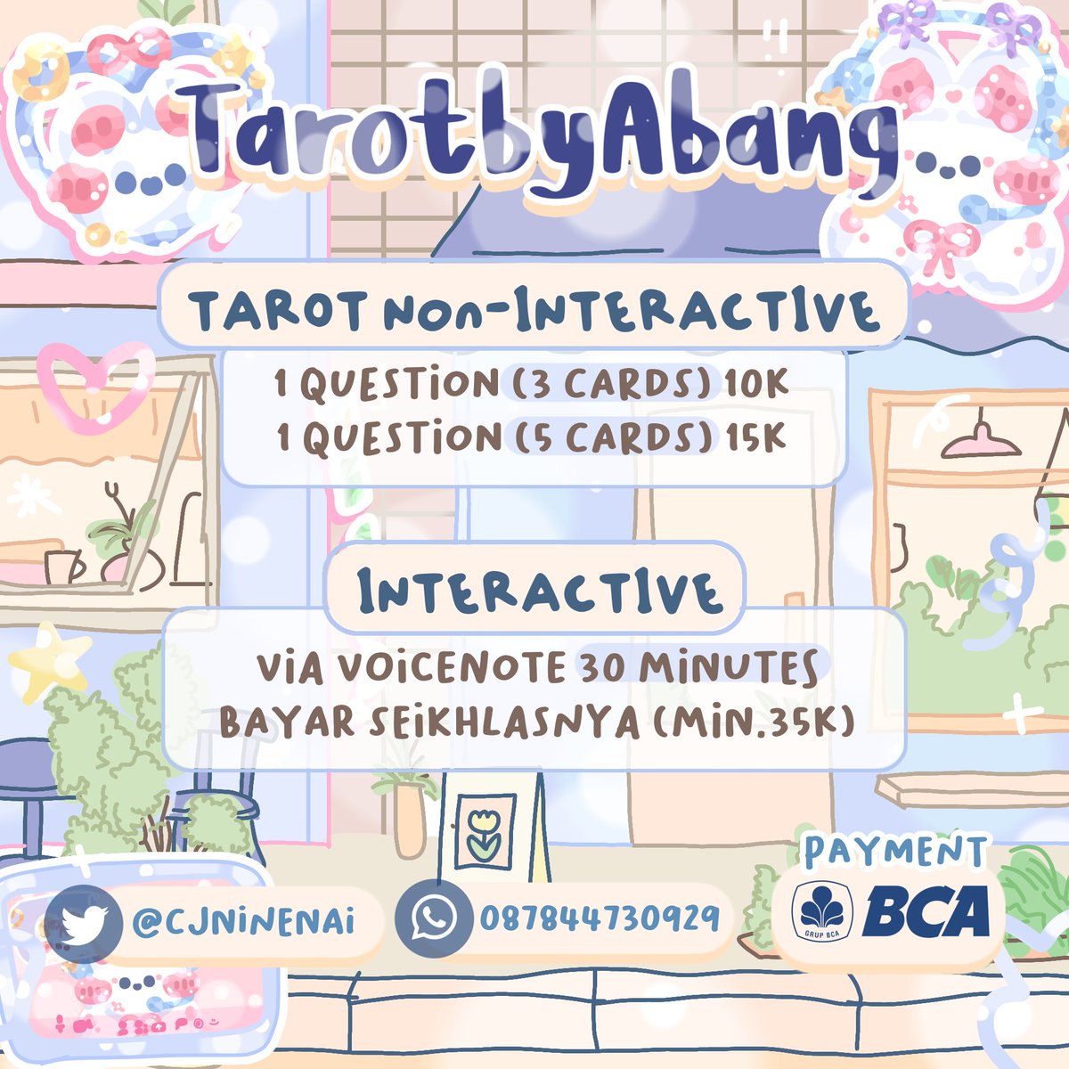 cjninenai's tweet photo. Selamat siang bububna Abang!! Hari ini Abang open jasa tarot reading untuk non-interactive ya!! YUK BURUAN SERBU, TESTI BARU BANYAK BGT NIE
t. jasa tarot reading,need tarot,tarot murah,tarot reading
#zonauang #zonajajan #zonaba #jasatarot https://t.co/23CuSu4VzQ