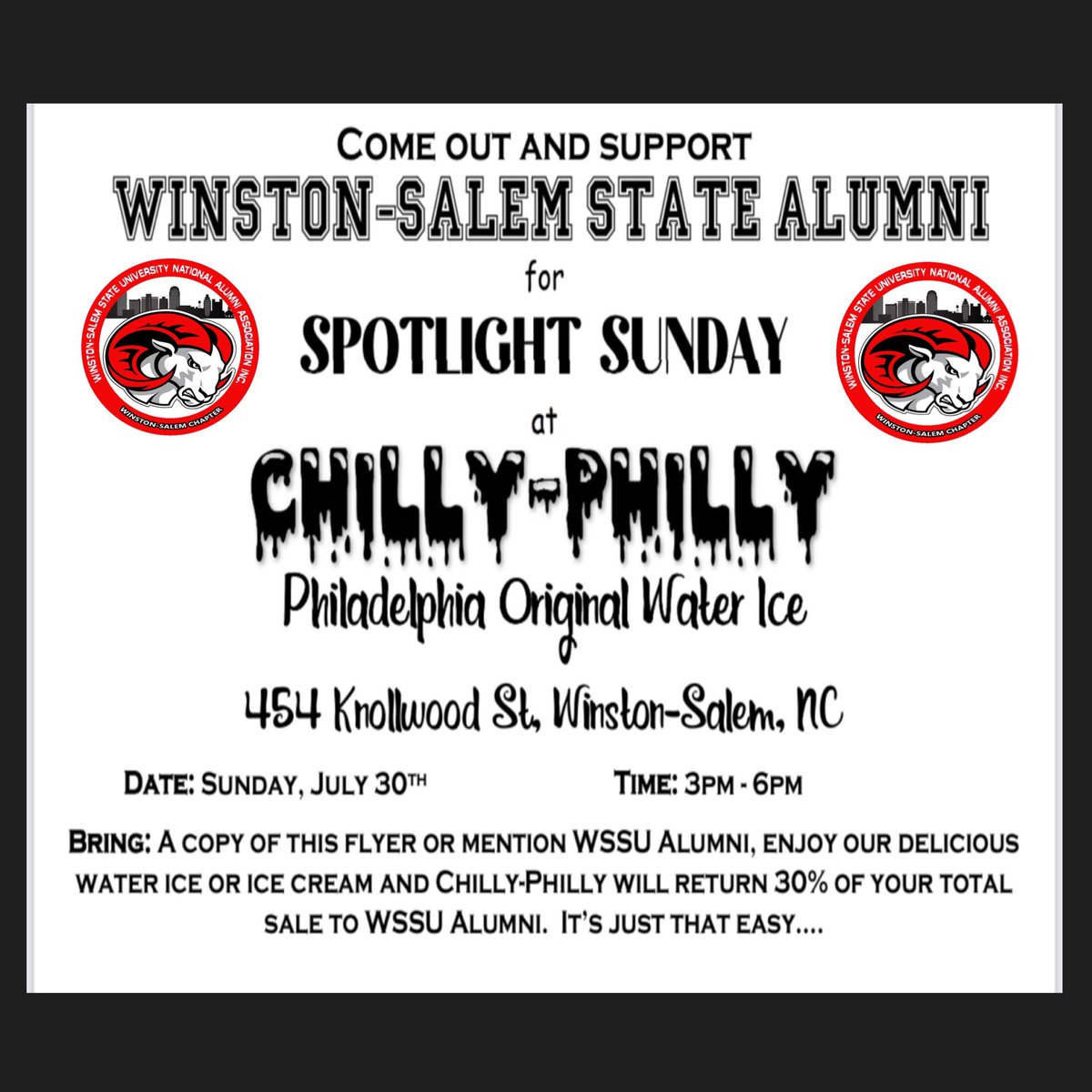 chillyphillync's tweet photo. Calling all RAMS!!!! Future Rams, Current Rams, and all alumni!!! Sunday, 7/30 3pm to 6pm come out and let everyone know “it’s hard to be a RAM”!! Join us at Chilly-Philly (Philadelphia Original Water Ice), Winston-Salem, NC!! #wssu #rams #wssualumni #chillyphilly https://t.co/l0m0ecTQgn