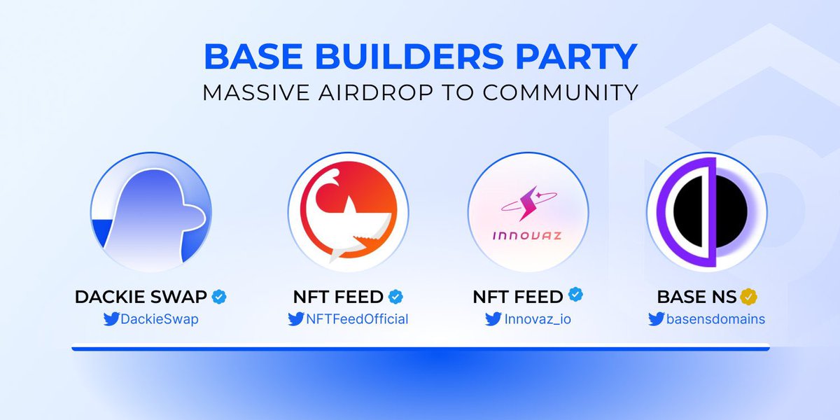 Axel_bitblaze69's tweet photo. collabed with @BaseDailyMM for airdrop from DackieSwap, BaseNS, NFTFeed, Innovaz in Base ecosystem

👉to get:
1. Claim Base Builder Party NFT here:

https://t.co/buKUg6kQnv

2. Follow:
 
@DackieSwap

@NFTFeedOfficial

@basensdomains

@Innovaz_io

3. Reweet post below and tag 3 friends