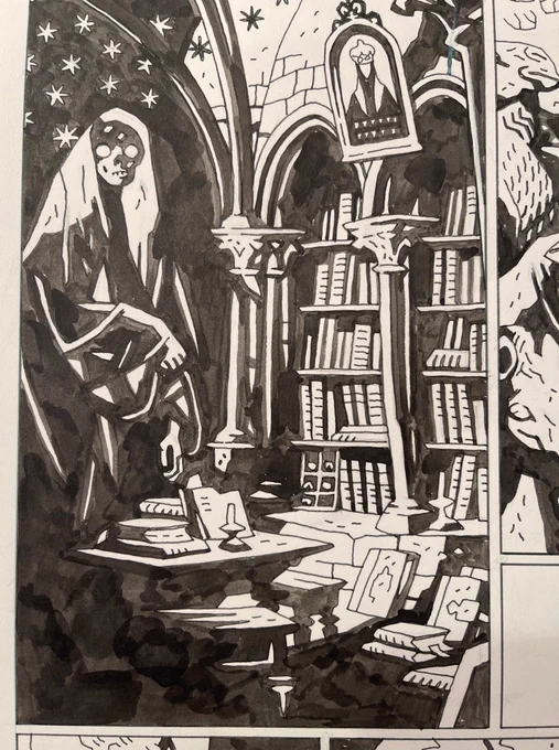 Another library in that thing I'm working on--This one in better shape than the last one--but haunted. The new thing should be out some time next year and is an entirely new thing--Not related to Hellboy  I haven't been this excited about working since I started Hellboy In Hell.