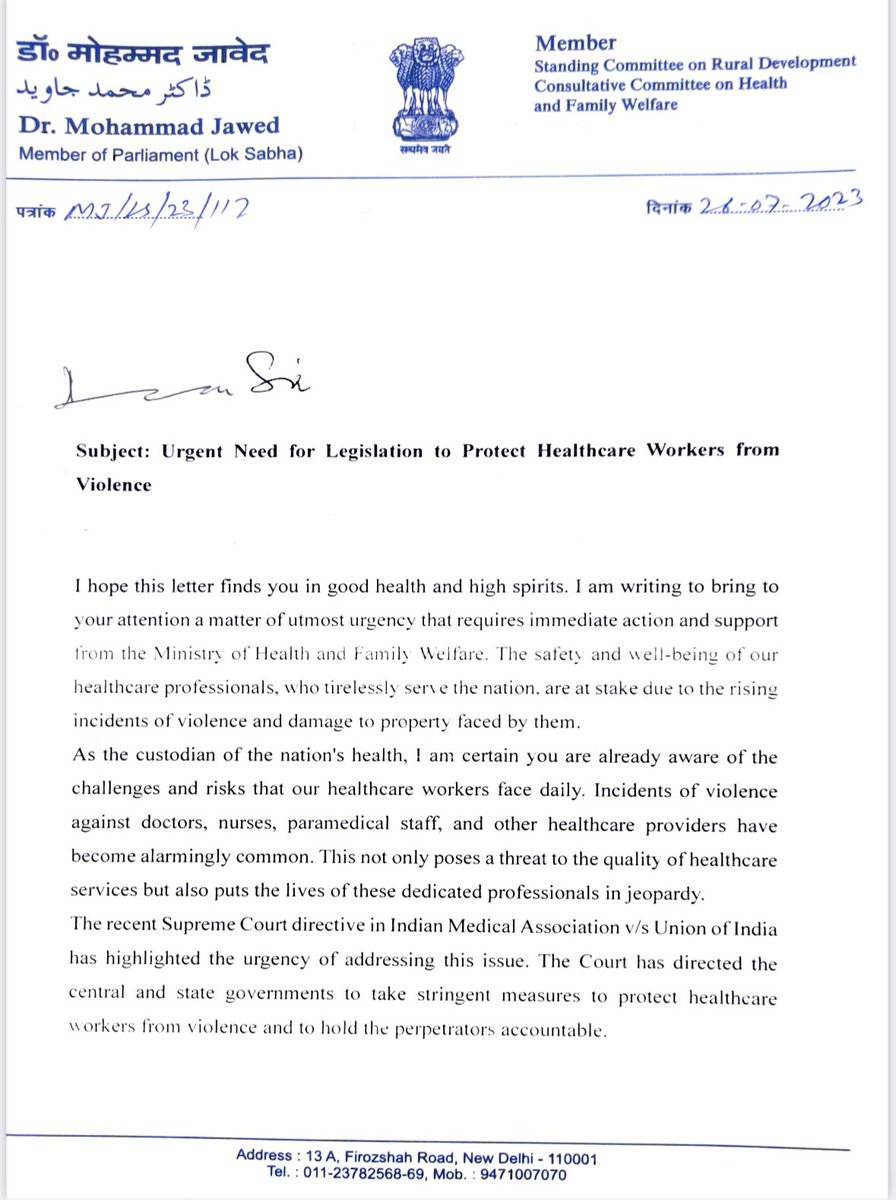 Zarif_Hosain's tweet photo. So delighted to share that the legislation we at @aid_indian supported alongside @oneillinstitute gathered the support and endorsement of 78 parliamentarians through a letter addressed to @MoHFW_INDIA @mansukhmandviya by @DrMdJawaid1 ! 

The said bill focuses on safeguarding the well-being of healthcare professionals, patients, and healthcare facilities. The primary aim of this legislation is to combat the escalating incidents of violence and property damage faced by healthcare service providers and facilities, providing them with necessary protection and support.

@drtlaleng @WHO