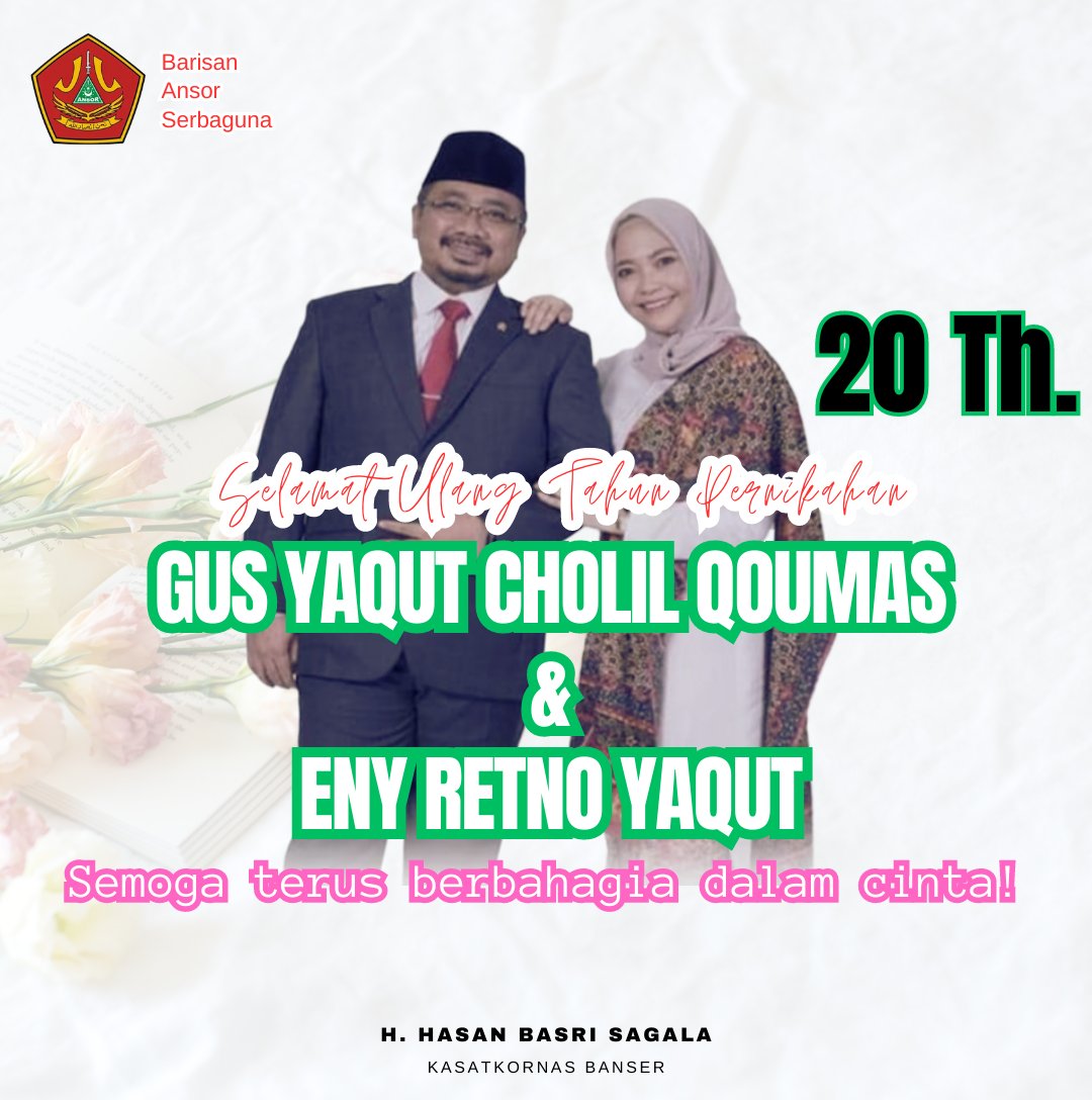 Selamat ulang tahun pernikahan gus <a href="/YaqutCQoumas/">Yaqut Cholil Qoumas</a> &amp; Eny Retno ke 20 tahun.

Semoga terus berbahagia dalam cinta!