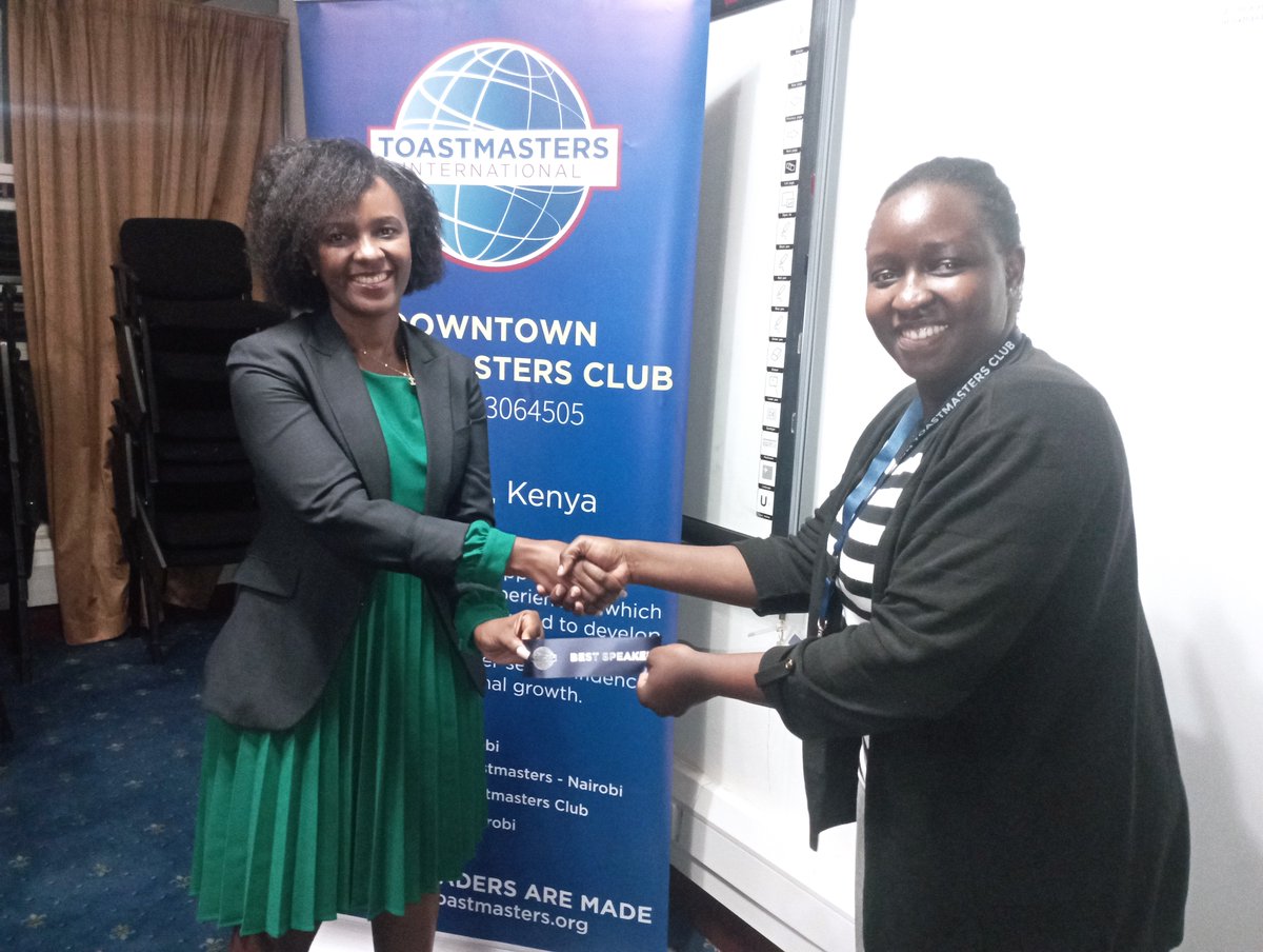 DowntownNairobi's tweet photo. #Congratulations to Gladys Waithira for being the #bestspeaker after delivering her #icebreaker speech 'A Tipping Moment.'
Welcome to your Toastmasters journey and we hope the prize was another tipping moment in your life.
#toastmasters #iamdowntown #asafespace https://t.co/n16A1P8KDG