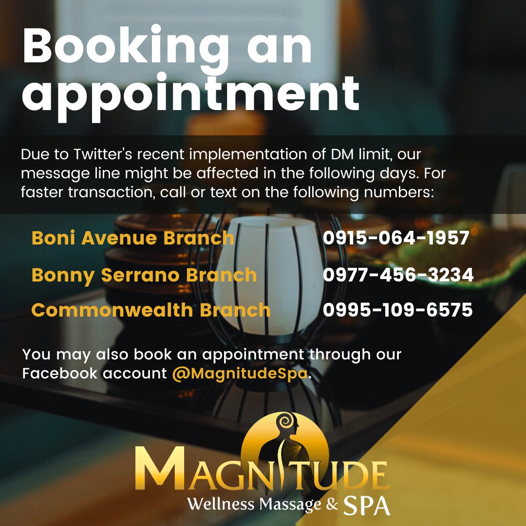 HorizonSpaPh's tweet photo. Due to Twitter's recent implementation of DM limit, our message line might be affected in the following days. For faster transaction, please call or text us on the following numbers.

You may also contact us through our Facebook account @MagnitudeSpa. https://t.co/07WvbWby3Q