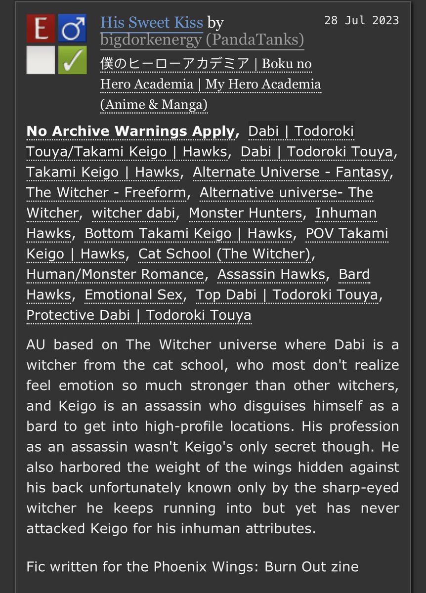 pandatanks's tweet photo. Finally posting the dabihawks fic I did for the @pwburnout zine! This is the NSFW fic of the two fics I wrote for the zine and it’s based in the Witcher universe with Witcher touya and assassin keigo! Hope you guys enjoy

https://t.co/lgavyFNNVq https://t.co/weDE5Cm0f1