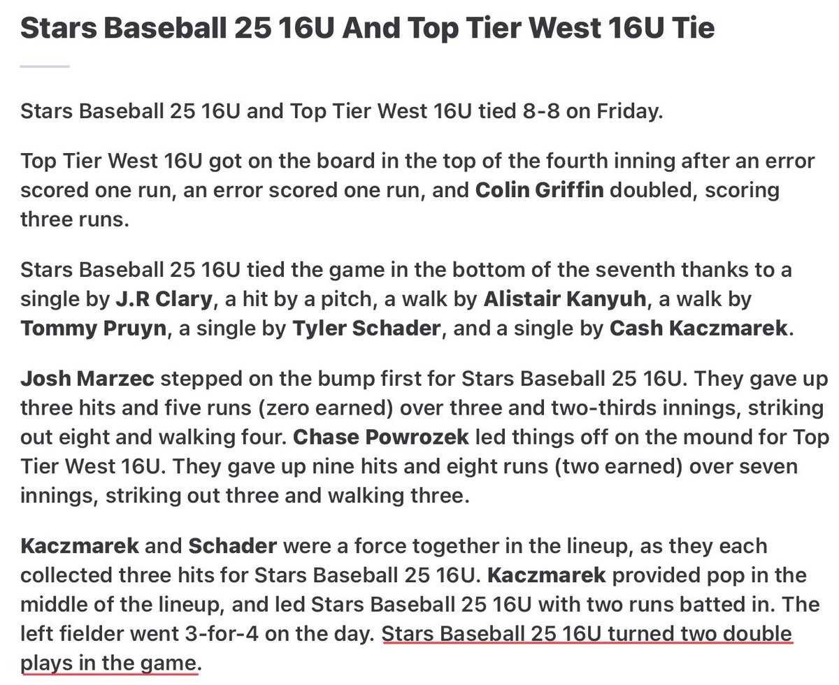 When R U happy w/ a tie? When you play sloppy ball at times for 6.5 innings to go down 8-0…but don’t give in until scoring 8 in B7. That’s when! <a href="/cashkaczmarek22/">Cash Kaczmarek</a> (<a href="/LZHS_Baseball/">LZ Baseball</a>) went 3-4 w/ 2H in B7 alone, knocking in tying 2 <a href="/TylerSchader11/">Tyler Schader</a> (<a href="/FremdBaseball/">Viking Baseball</a>) 3H <a href="/joshmarzec9/">Josh Marzec</a> 8K