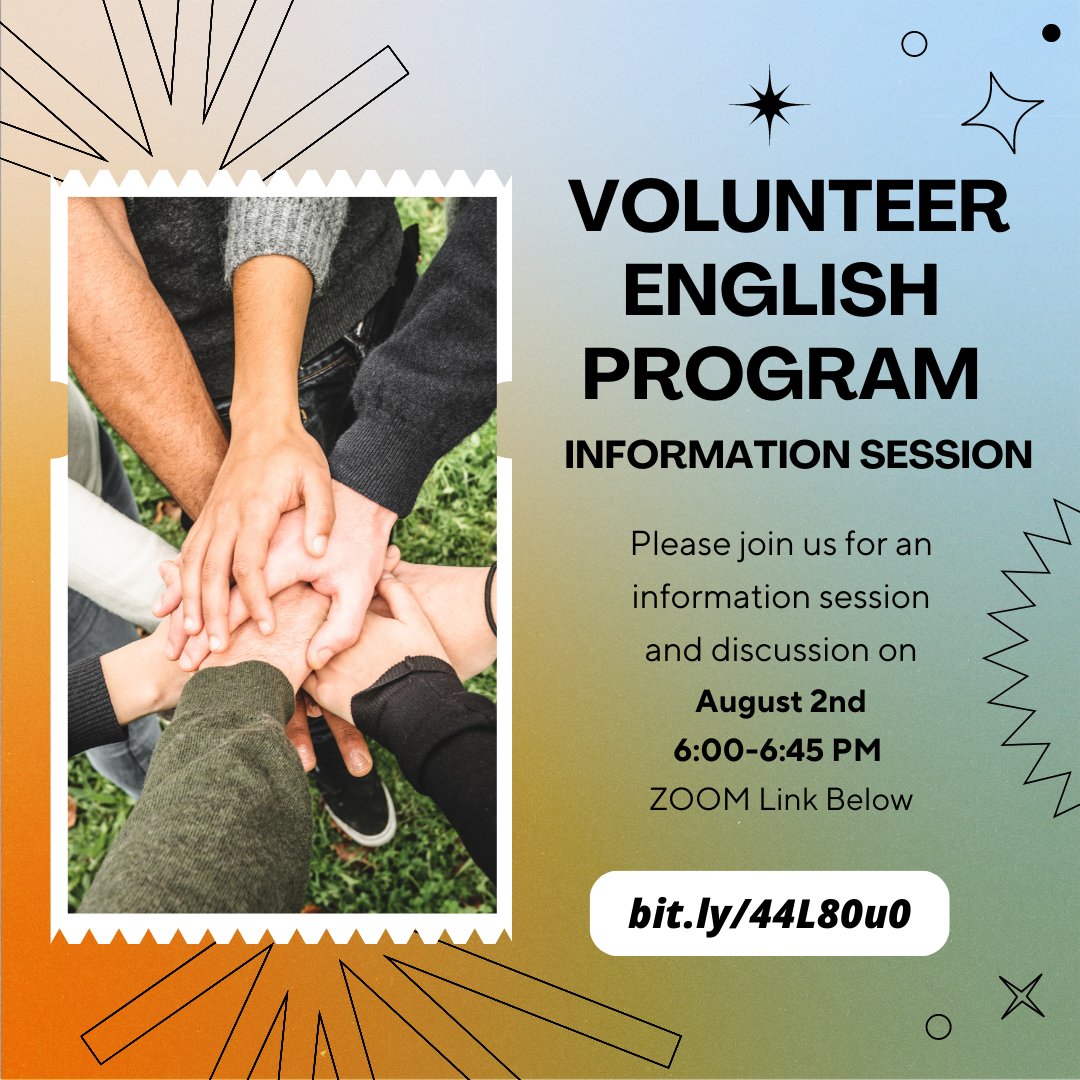 VolunteerEng's tweet photo. Interested in learning more about the Volunteer English Program?

Please join us for an information session and discussion on August 2nd from 06:00-6:45 via Zoom.

https://t.co/SbKBmOQ3L9 https://t.co/Y0QBvOjrfy