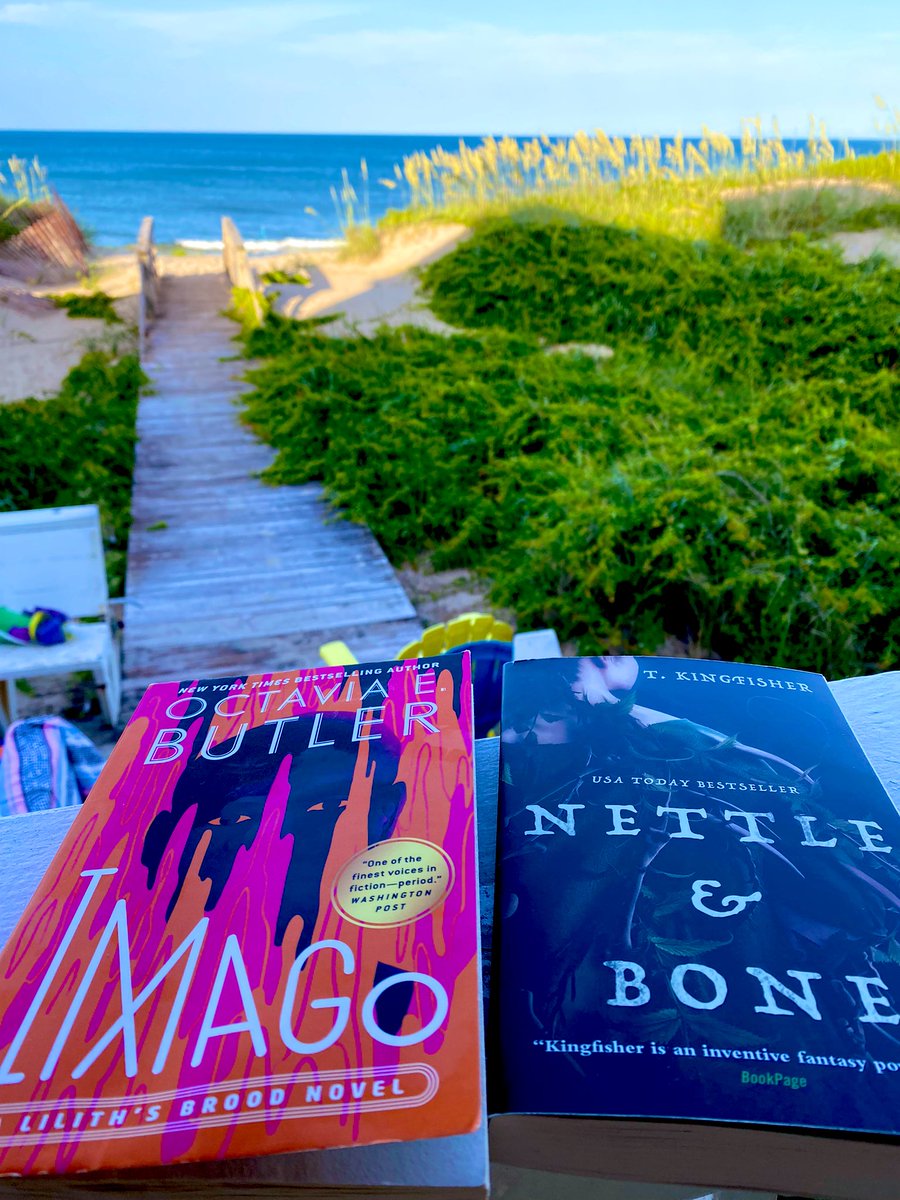 At the beach, I love to be swept away (to a world of aliens and constructs and metamorphosis OR curses and sisters and witches) or…both! Amazing reads below! #BookTwitter #amreading #booktwt #WritingCommunity