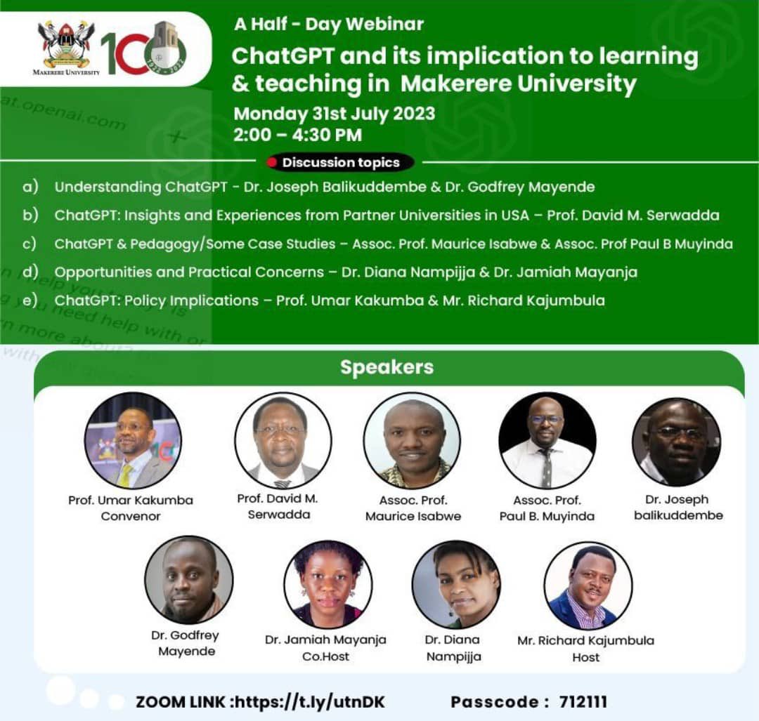 ProfMusaMoya's tweet photo. When: Jul 31, 2023 14:00 Nairobi
Topic: ChatGPT and its implication to learning &amp; teaching in higher education institutions and beyond
Register in advance for this webinar:
https://t.co/Vr5FhvN5hI https://t.co/Kf6ZQLBDLE
