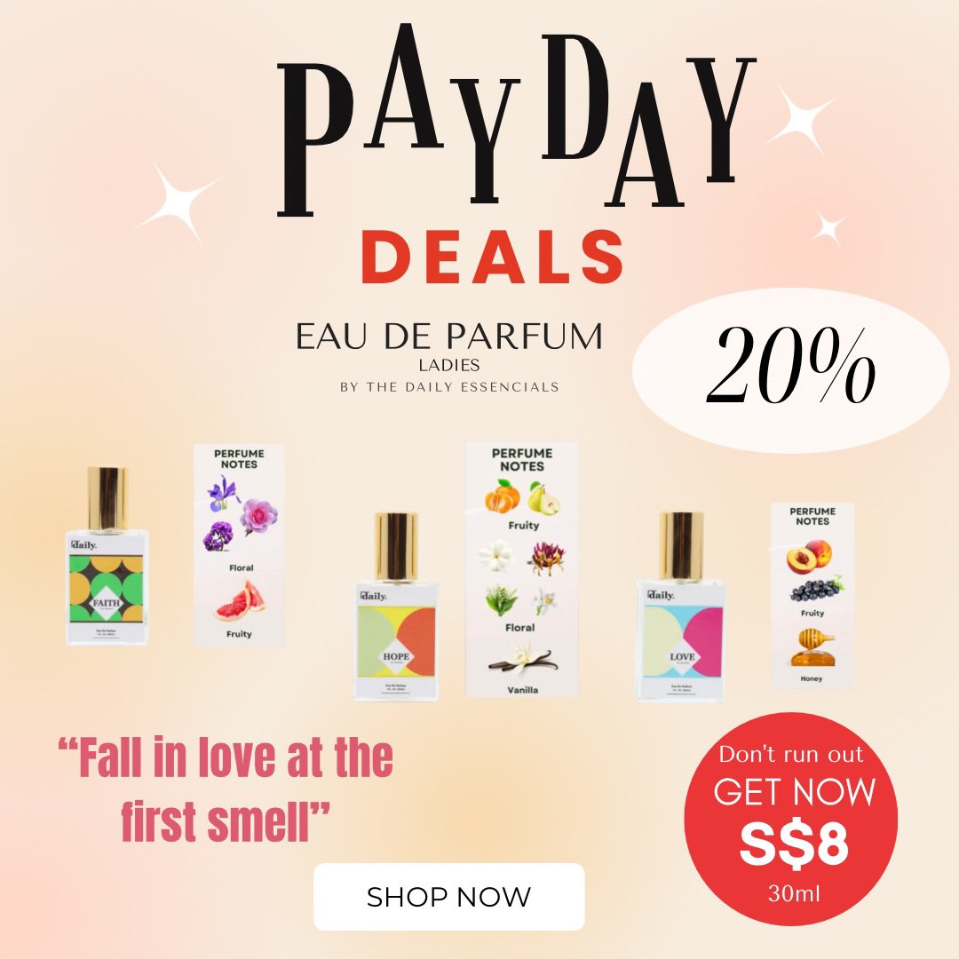 SkinCo_TheDaily's tweet photo. 𝒀𝒐𝒖’𝒓𝒆 𝒏𝒆𝒗𝒆𝒓 𝒇𝒖𝒍𝒍𝒚 𝒅𝒓𝒆𝒔𝒔𝒆𝒅 𝒘𝒊𝒕𝒉𝒐𝒖𝒕 𝒑𝒆𝒓𝒇𝒖𝒎𝒆💕

𝗧𝗵𝗲 𝗗𝗮𝗶𝗹𝘆 𝗘𝘀𝘀𝗲𝗻𝗰𝗶𝗮𝗹𝘀 𝗙𝗿𝗮𝗴𝗿𝗮𝗻𝗰𝗲𝘀
📣20% All Fragrances

𝙑𝙄𝙎𝙄𝙏 𝙐𝙎! 
📍 #04-111, Lucky Plaza, Orchard Rd. 
🛒 𝐀𝐃𝐃 𝐓𝐎 𝐂𝐀𝐑𝐓 𝐍𝐎𝐖‼️
🛍️https://t.co/YDJ2f3Tg5x https://t.co/zcmLMGYEkC