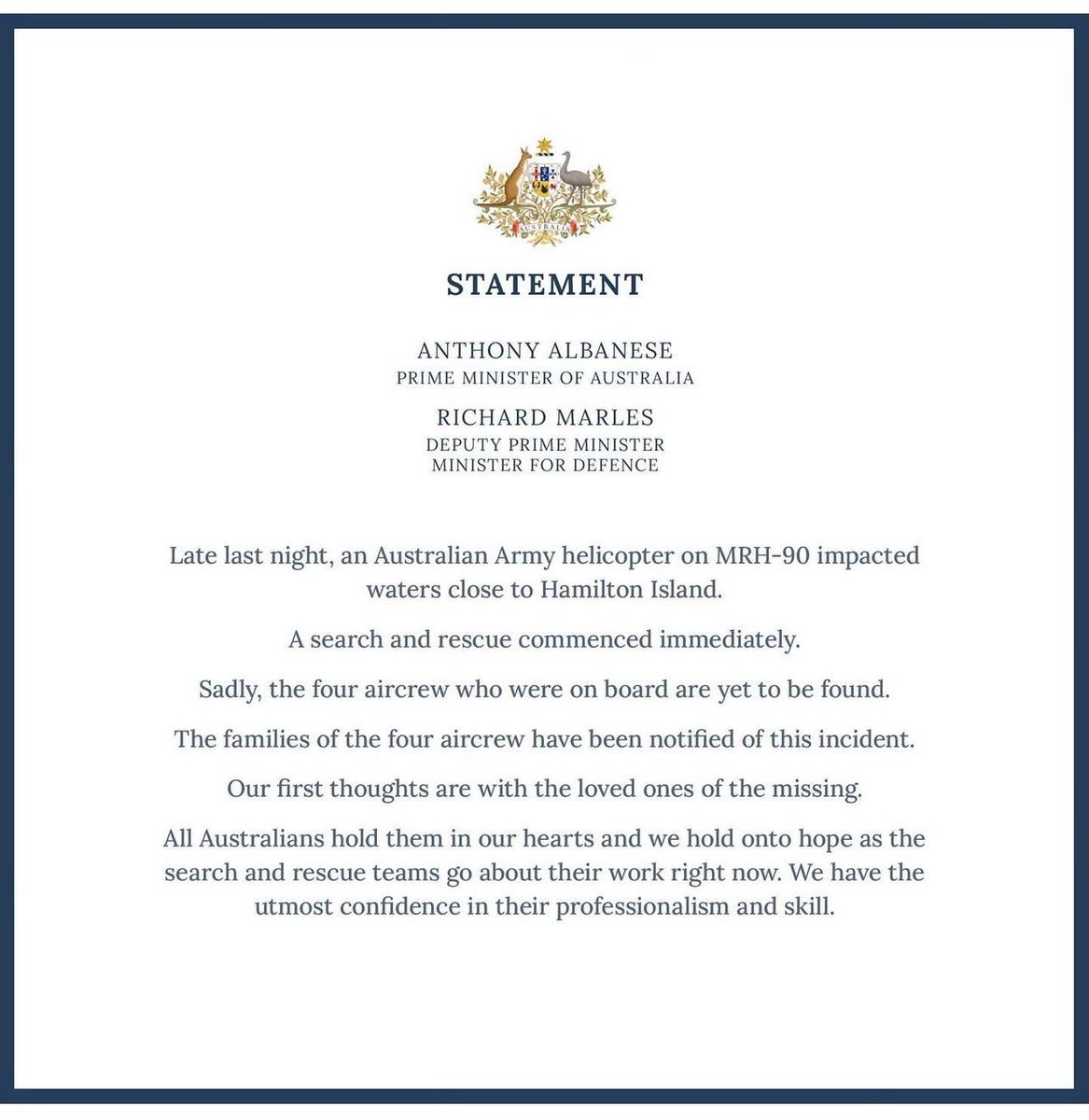 It’s been a tough morning. 

Our hopes and thoughts are very much with the air crew and their families.