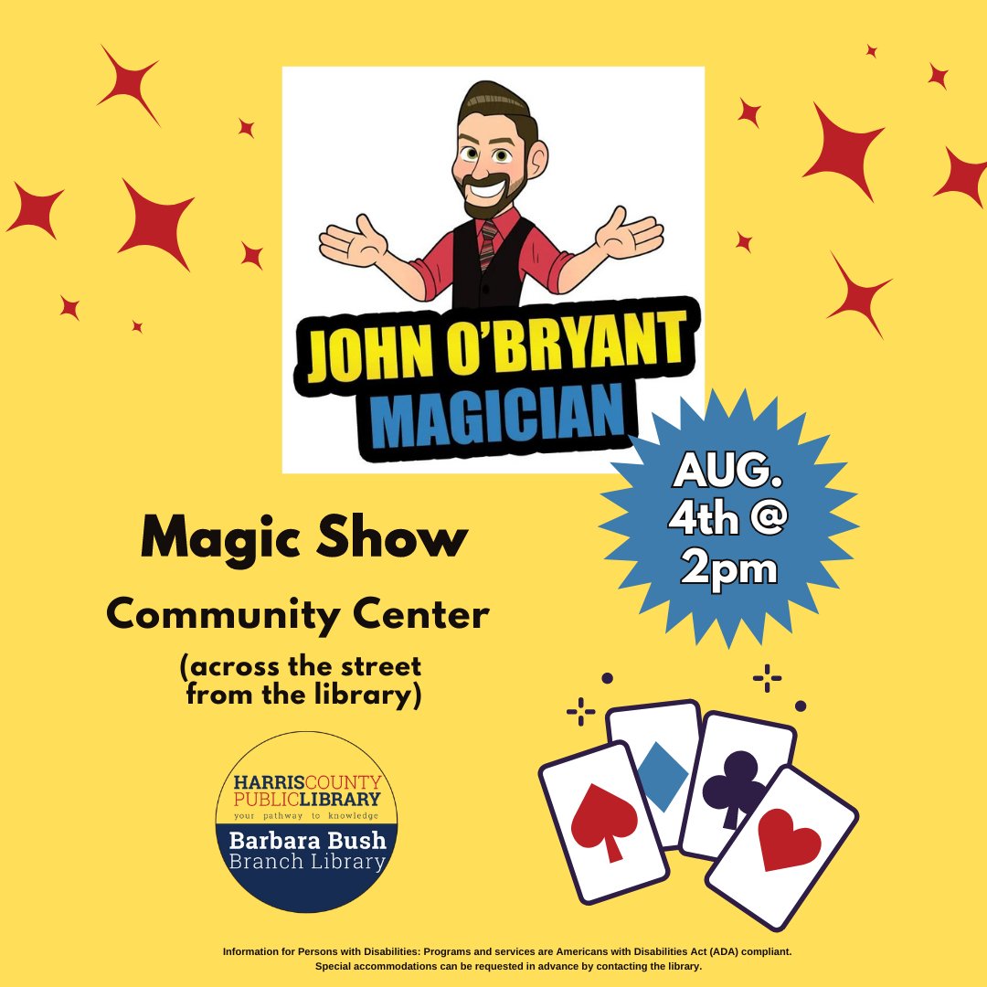 barbarabushlib's tweet image. Magician John O'Bryant will present "The Reading Magic Show!" 
Next Fri. 8/4 @ 2 pm. All ages.
.
Community Center across the street from the library. 
No tickets, room capacity limits.
.
#thereadingmagicshow #johnobryantmagician #barbarabushlibrary #hcplkids @harriscountypl