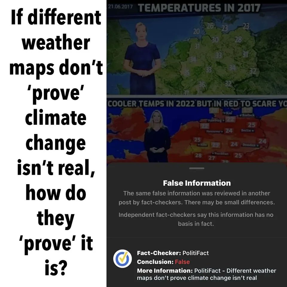 thomasgpetersen's tweet photo. #theimginfo #analysis #letsgetwordy
— https://t.co/w4ib1MT8Ul —

If different weather maps don't 'prove' climate change isn't real, how do they 'prove' it is?
 
COOLER TEMPS IN 2022 BUT IN #RED TO #SCARE YOU

Fact-Checker: #PolitiFact Conclusion: False Information The https://t.co/npnhKPysFc