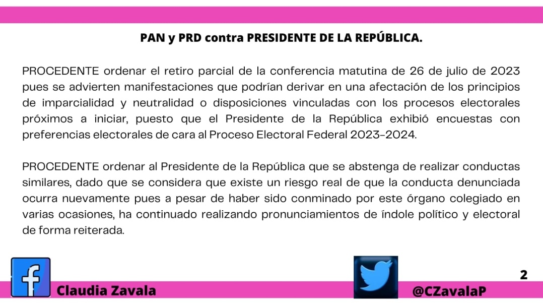 Ojo:
El <a href="/INEMexico/">@INEMexico</a> determina que el presidente <a href="/lopezobrador_/">Andrés Manuel</a> NO debe andar difundiendo encuestas electorales.

Viola otra vez la Constitución. Él debe ser neutral.

Pero no lo es: es un gobernante arbitrario, un riesgo para la integridad democrática de las elecciones de 2024.