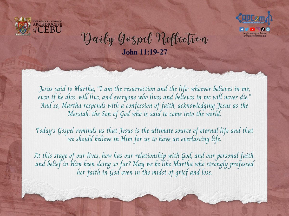 sugbosimbahan's tweet photo. “I am the resurrection and the life. Whoever believes in me, though he die, yet shall he live, and everyone who lives and believes in me shall never die. Do you believe this?”

Today’s Gospel: John 11:19-27

✍️: Mark Leniel Tabaranza (UP Intern)

#SugboanongSimbahan https://t.co/2GkClgsHwg