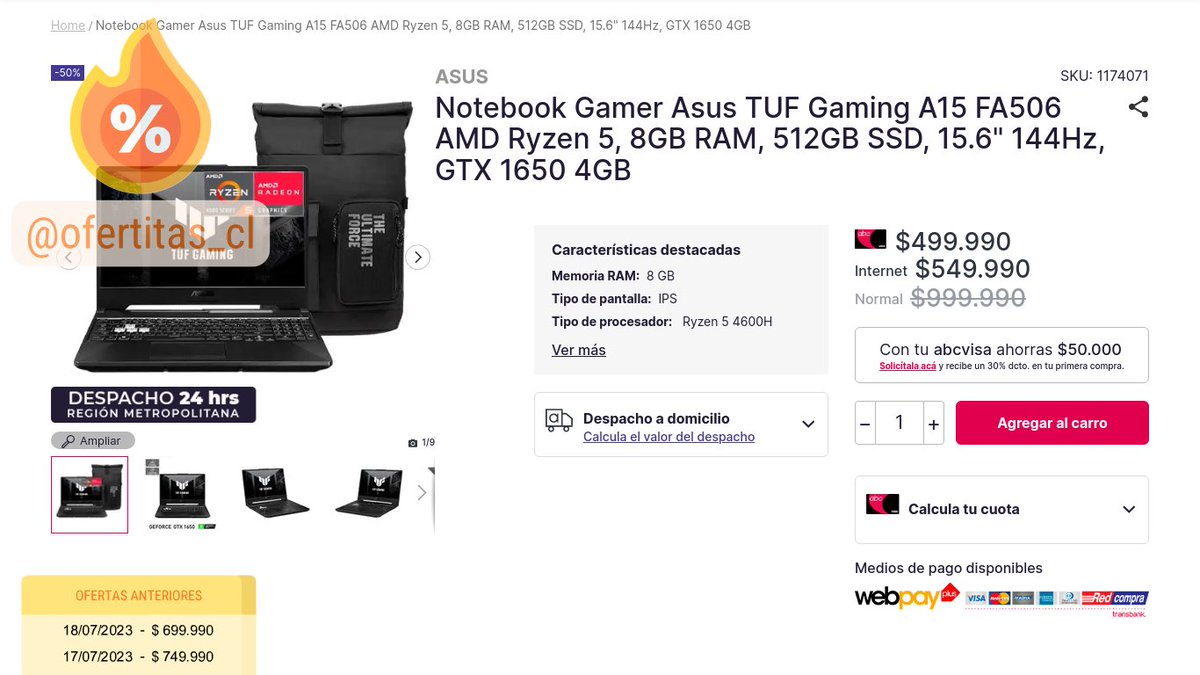 ofertitas_cl's tweet photo. ASUS | Notebook Gamer Asus TUF Gaming A15 FA506 AMD Ryzen 5, 8GB RAM, 512GB SSD, 15.6" 144Hz, GTX 1650 4GB
🔥 50% Descuento | $ 499.990
#abcdin #oferta
https://t.co/IrW3ySDfea https://t.co/z78QHoaXZl