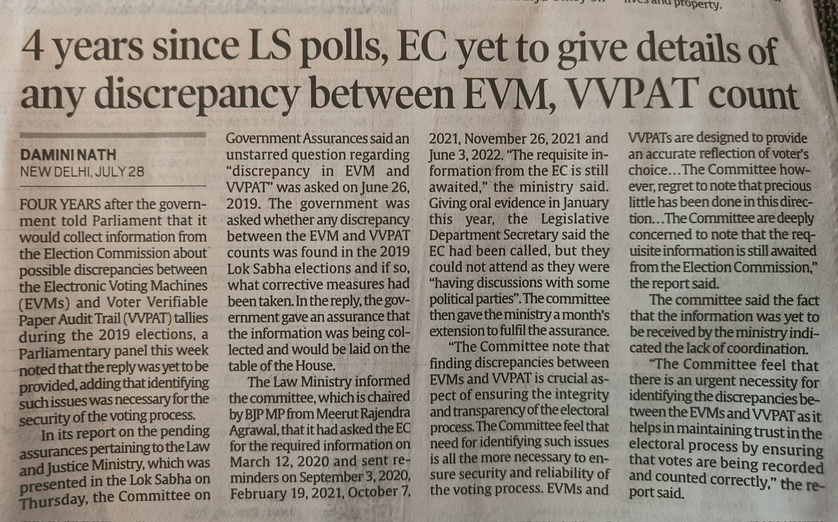 pbhushan1's tweet photo. It's a great shame and a blot on our democracy that VVpats (paper trail with EVMs) which were made mandatory by the SC, are not counted before results are declared. It is more shocking that we do not get data tallying EVM and VVpat counts from EC after 4 years!
Whither democracy? https://t.co/zmI0aNwUpW