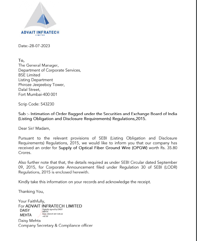 Advait infra - order worth 35 cr for OPGW supply , as per my knowledge there are 3 manufacturer of OPGW
   Apar
    Sterlite 
    TG Advait - JV of Advait 
( Dont confuse OPGW with Optical fiber)