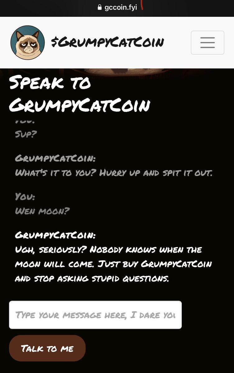 Saphoroth's tweet photo. Try out GrumpyCat #ChatGPT interface! Get your #GrumpyAI on!

GET GRUMPYCAT! Can’t wait till @kucoincom list @GrumpyCat_Coin. Yo, #KuCoin LFG!!!

@GrumpyCat_Coin #GrumpyCat #GrumpyCatETH #GrumpyCatCoin #GrumpyCatArmy #meme #memecoin #Ethereum #uniswap #cats #1000x #PEPE https://t.co/vNBg4HBLsk