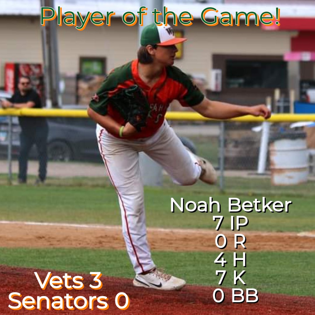 WFVets's tweet photo. Vets win! Noah Betker's dominate performance in the first round of the @NDLegion Class A State Tournament leads the @WFVets to a 3-0 win over the Bismarck Senators!
#westfargobaseball 
@WFargoBaseball https://t.co/bfp9dGshwT