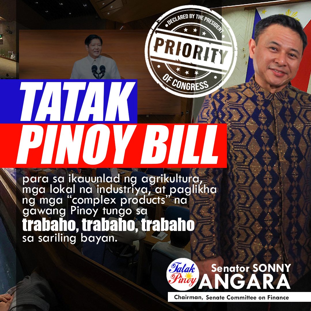 SonnyAngaraNews's tweet photo. Nagpasalamat si Sen. Sonny Angara sa Pangulo sa pagpapabilang ng kanyang #TatakPinoy Bill sa tala ng mga panukalang batas na dapat bigyang prayoridad ng Kongreso. #SONA #SONA2023 #trabaho #industriya #jobs #productcomplexity #agrikultura
https://t.co/OdUwt0lY9Q https://t.co/XgGCZqEuUC
