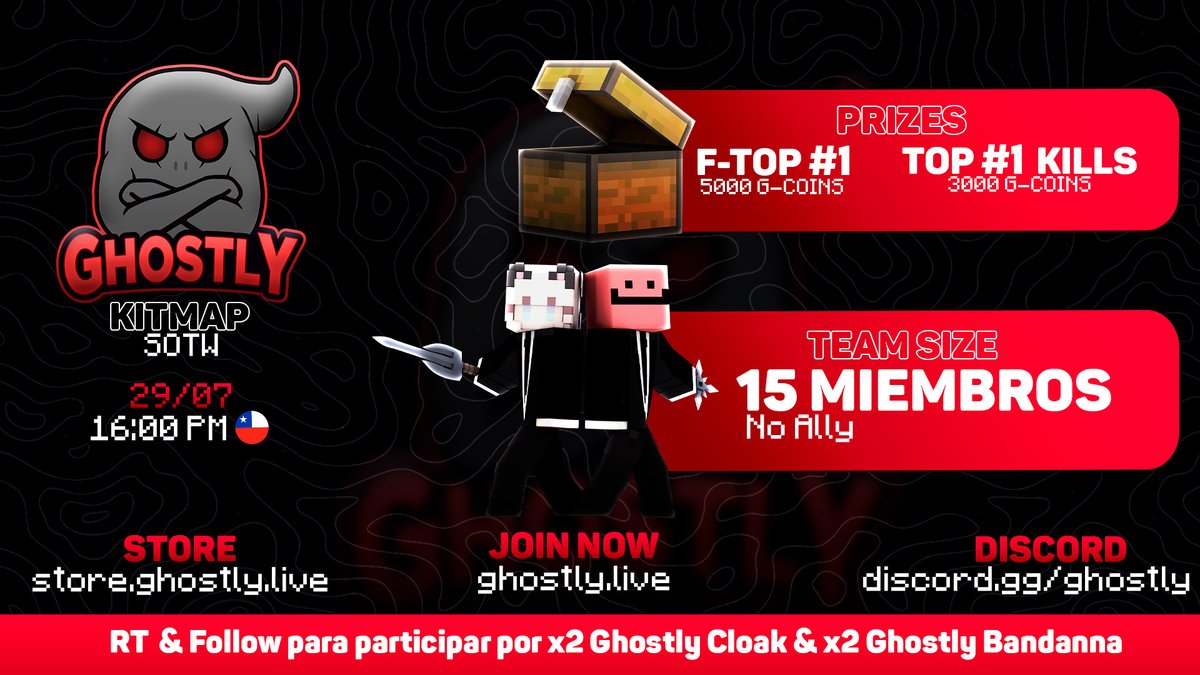 GhostlyLive's tweet image. El SOTW de KitMap tendrá lugar este Sábado a las 16:00pm 🇨🇱.

Para celebrarlo sortearemos lo siguiente:
• x2 Lunar Client | Ghostly Cloak (Kanji)
• x2 Lunar Client | Ghostly Bandanna (Demon)

Follow, RT &amp;amp; Tag 1 amigo para participar!🎁