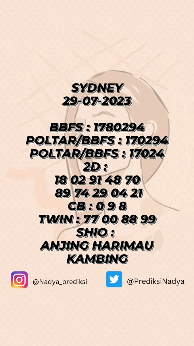 PrediksiNadya's tweet photo. Prediksi akurat SYDNEY  29-07-2023

Silahkan lihat,Ambil, Dan Tetap utamakan prediksi sendiri.
#togel #togeljitu #togeljakcpot #sydneypools #sydney #prediksitogel #prediksitogelsydney #prediksisydney #angkajitu #botogel #togeljitu #togeljakcpot #togelonline #prediksitogelhariini https://t.co/lXJTXdIcin