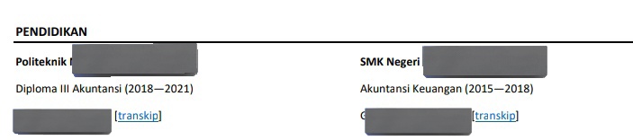<a href="/worksfess/">WORK</a> kalo aku biasanya kirim CV doang nder. Di bagian pendidikan itu biasanya langsung aku linked link(?) gitu. Jdi tulisan [transkip] warna biru itu kalo diklik bakal munculin ijazah + transkip nilai. 

Untuk sertif2 pendukung pun aku lakuin hal yg sama, jdi ga kebanyakan lampiran