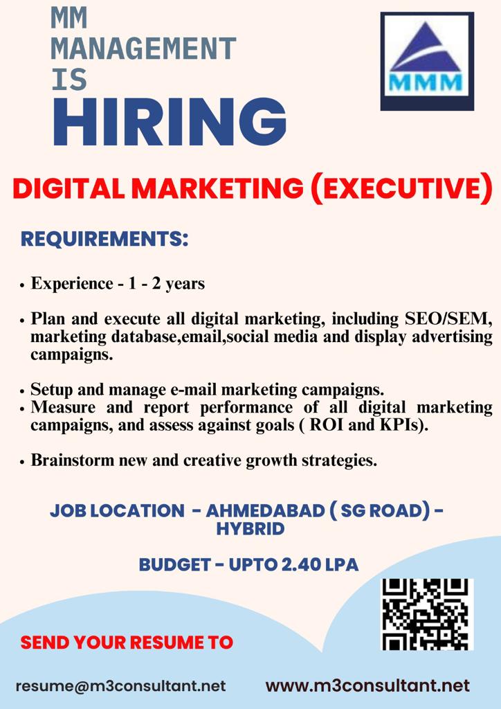#MMManagement is #hiring #digitalmarketing specialist for #Ahmedabad. Incumbent with 1 yr of experience can apply.

#digitalmarketing #facebookmarketing #linkedinmarketing #jobsinahmedabad #workfromoffice