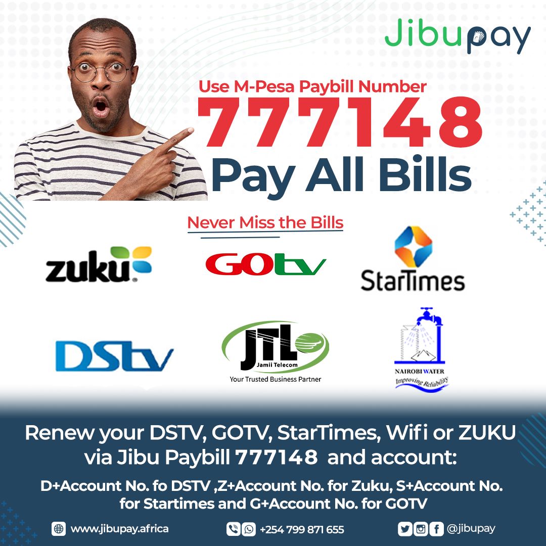Ruttosharon254's tweet photo. Pay for your TV Bills with @jibupay
Use the Paybill Number 777148
For Account No. Input
๐D+Account No. For Dstv
๐Z+Account No. For Zuku
๐S+Account No. For Startimes
๐G+Account No. For GoTv
Mpesa Bella #BBNaijaAllStar Court of Appeal Happy Sabbath #SabotageByAzimio Brian chira https://t.co/WGitD55fDM