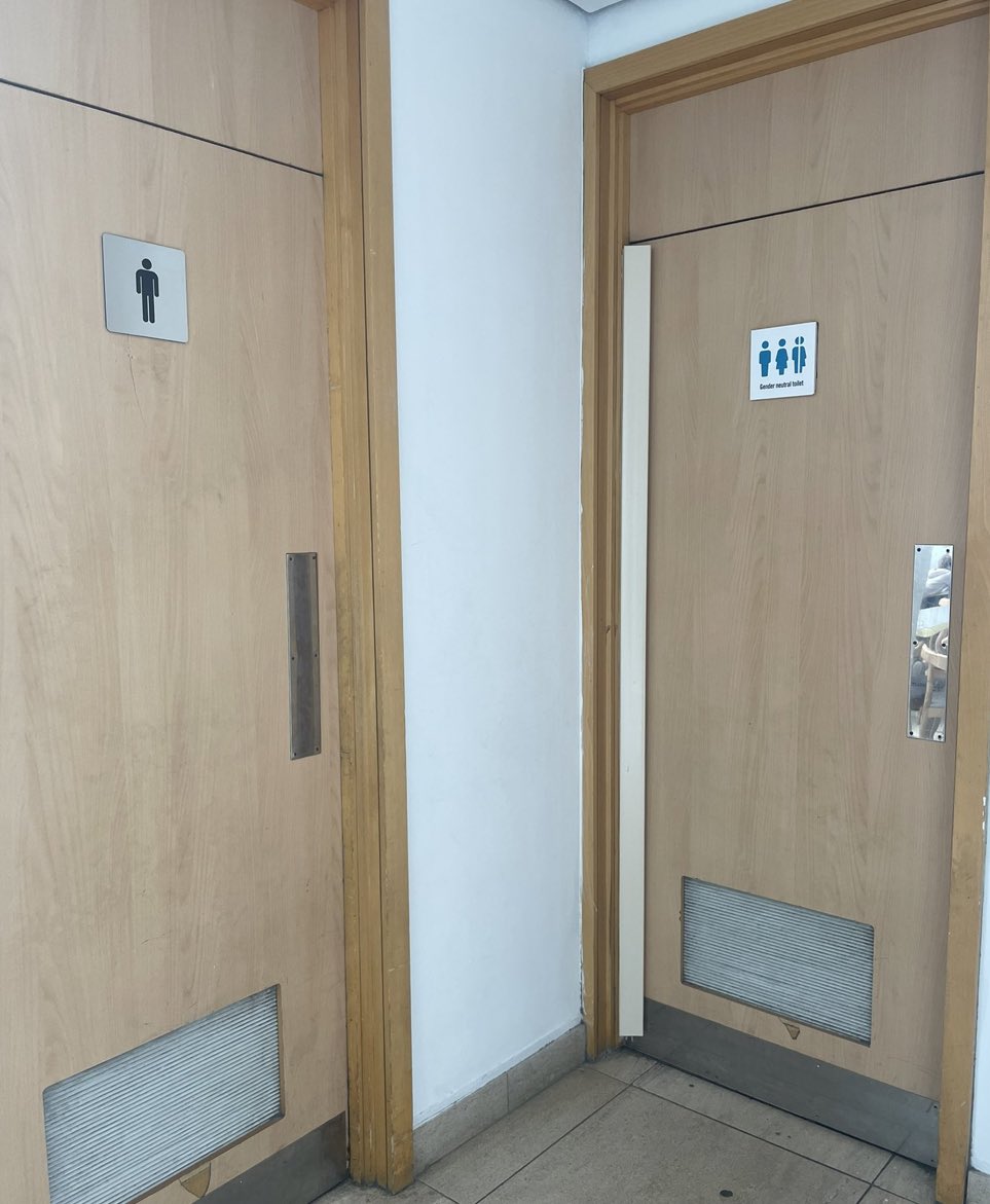 DrLoupis's tweet photo. The Royal Amouries Conference has a men’s room and a gender neutral room. 

Where is the ladies’ room?  @royalamouries https://t.co/daDHewUZSU