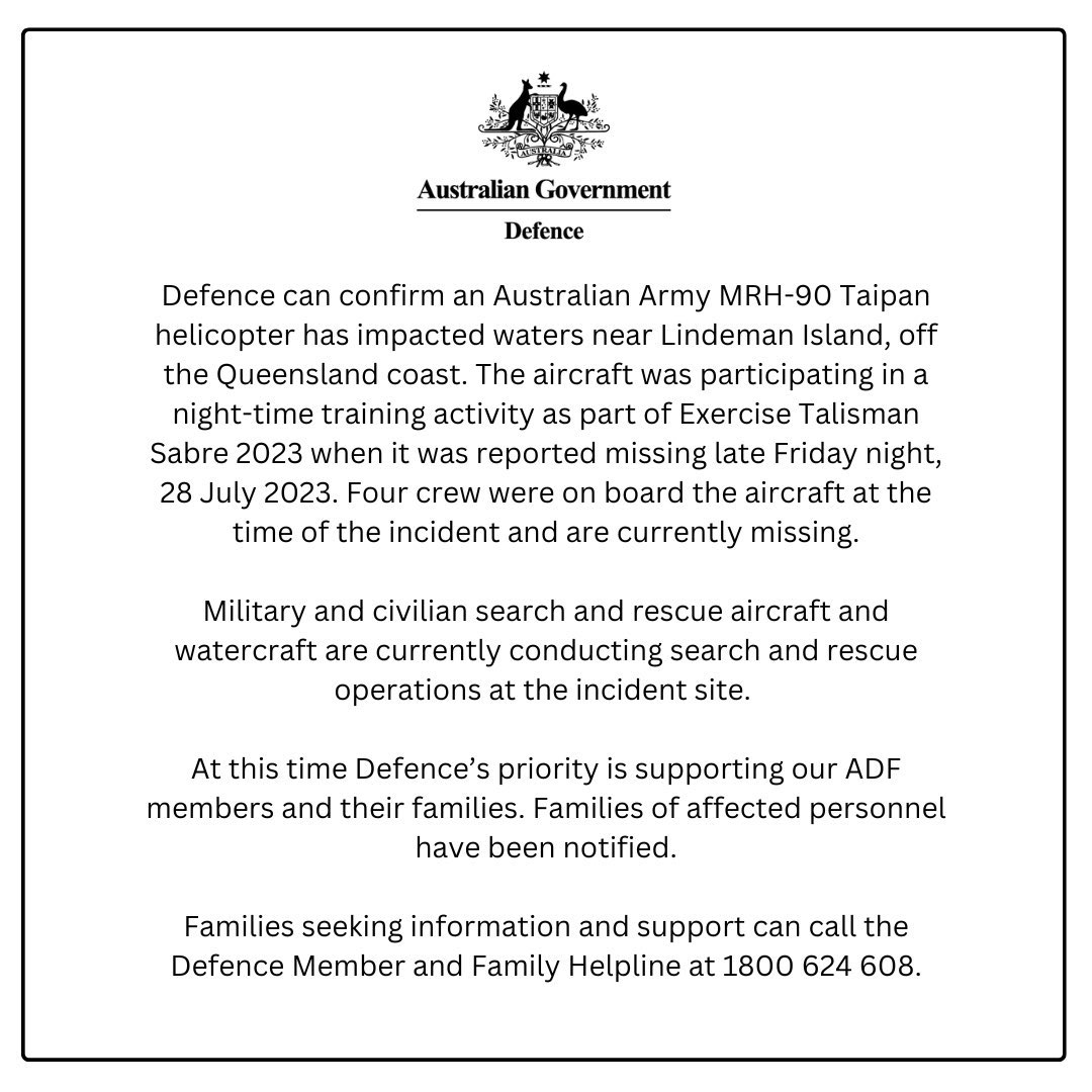 A sad day indeed. My thoughts and prayers are with the families and friends of our missing Soldiers. And my sincere thanks go to all of our team mates conducting the ongoing search and rescue operation. defence.gov.au/adf-members-fa…