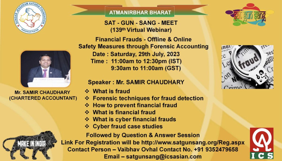 samir120488's tweet photo. Lecture on Sat- Gun - Sang - Meet today at 11 am on the topic

Financial Frauds - Offline &amp; Online
Safety Measures through Forensic Accounting

It’s open to all. 
https://t.co/5lrQs9Yhee

Thanks @-ICS team for inviting

#fraudprevention #success #forensic #cyber #casamir #uciiplr https://t.co/AwqNOBWQAQ