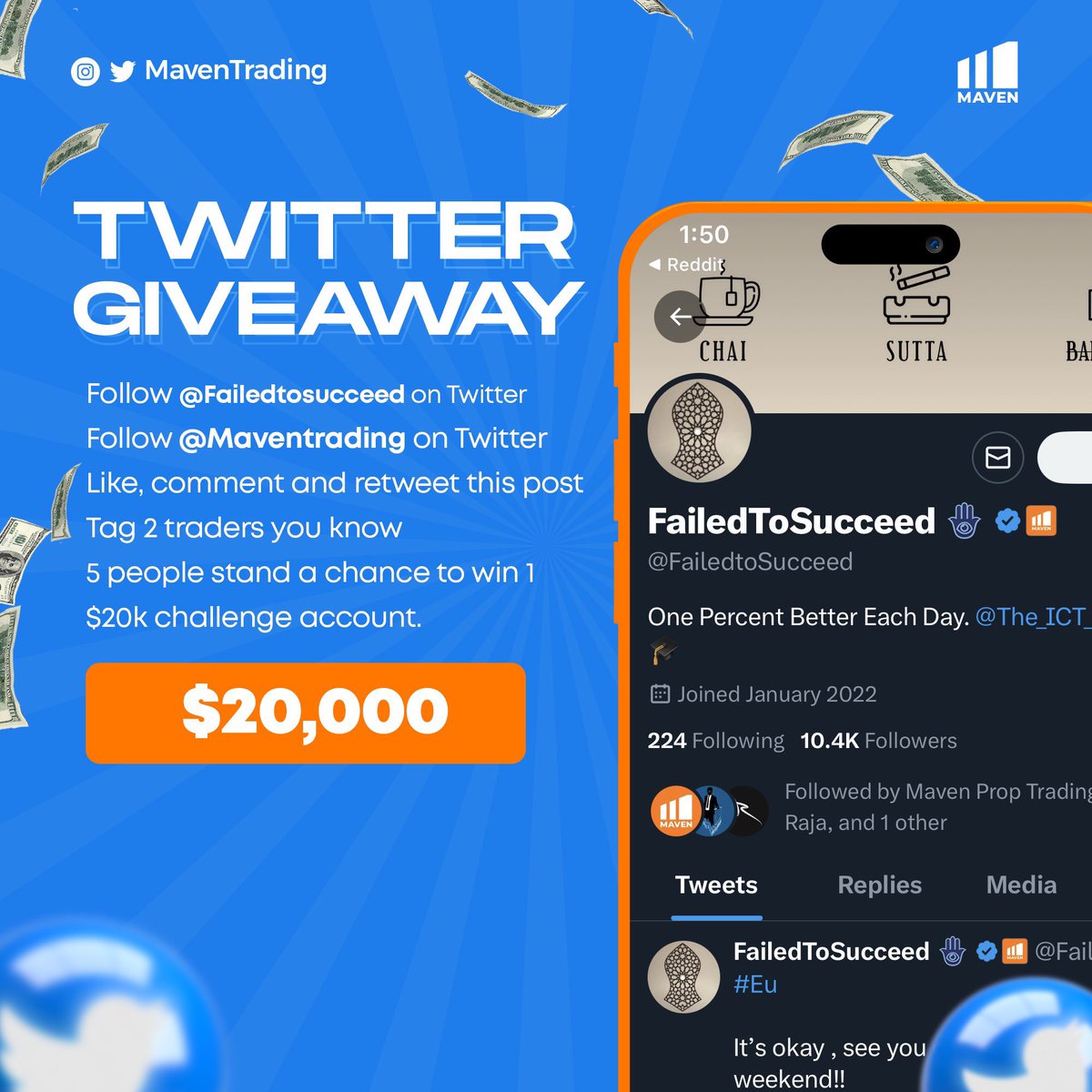 sarkarr_19's tweet photo. 🚨WEEKEND GIVEAWAY🚨

5x20,000$ challenge accounts from @Maventrading 

5 followers will Stand a chance to win 20,000$ challenge account to kick start their trading journey !!

All you have to do is ..

- follow @FailedtoSucceed & @Maventrading 

- join the discord https://t.co/4ECbtZNbXS

- like/RT & comment #Maventothemoon