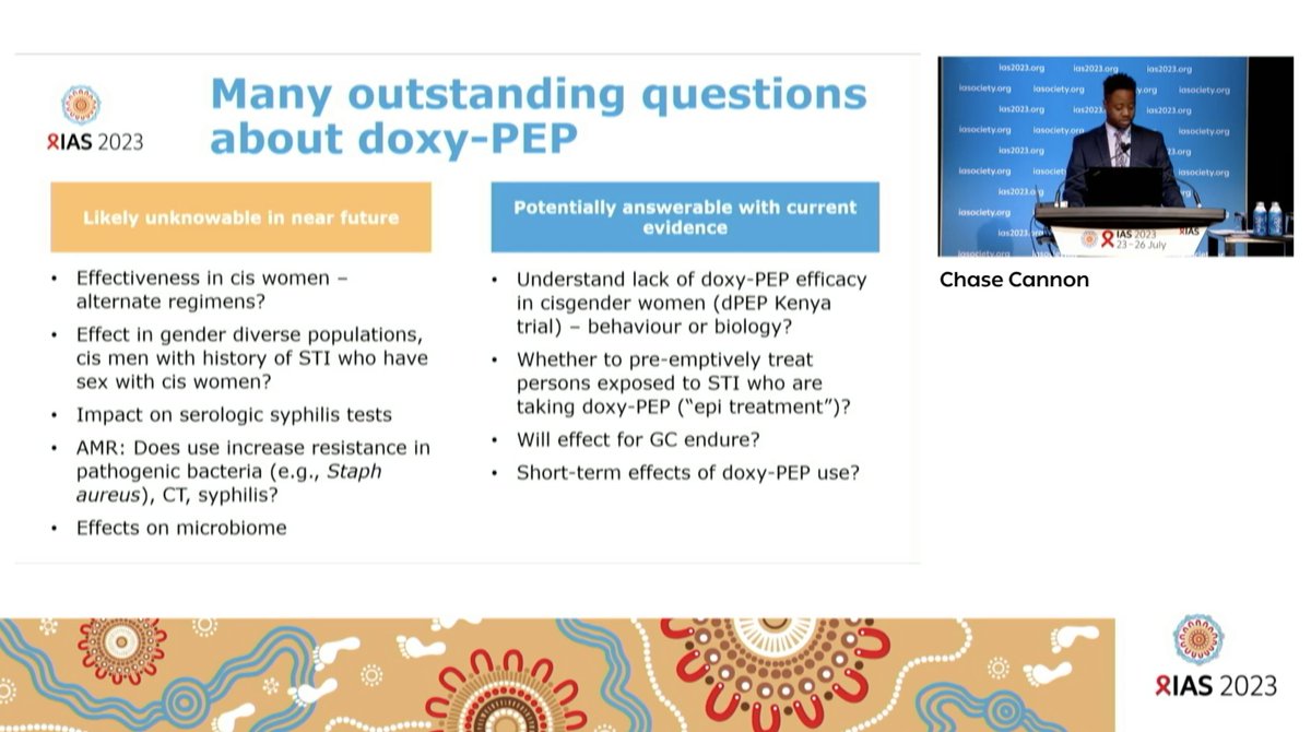 Doxy-PEP in a nutshell 

➡️Doxycycline for STI prevention: Current research and future directions 
-Chase CANNON #IAS2023 

#IDtwitter #STItwitter 
(1/3)