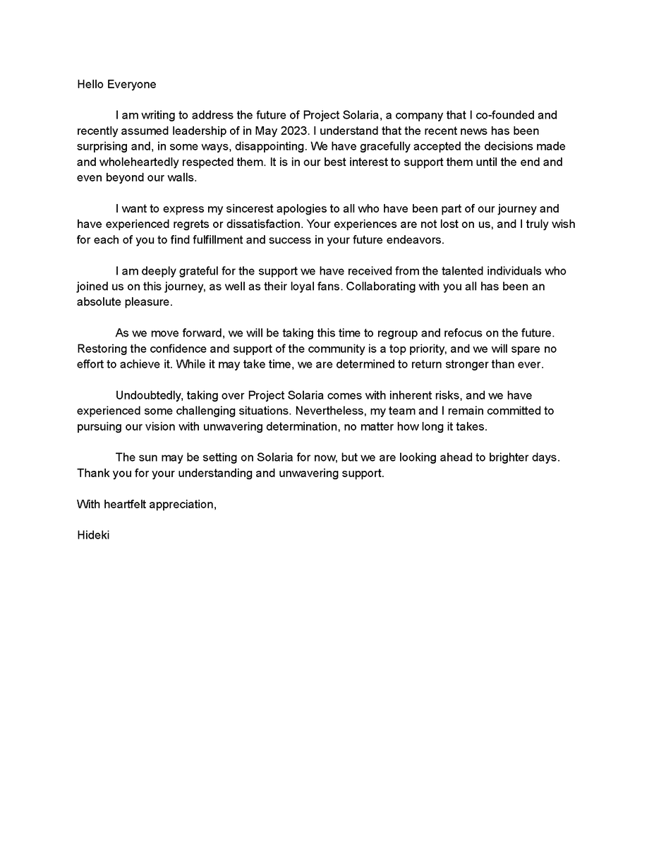 HidekiYuzuki's tweet photo. Statement involving the future of @Project_Solaria https://t.co/tCgu6cRP9U