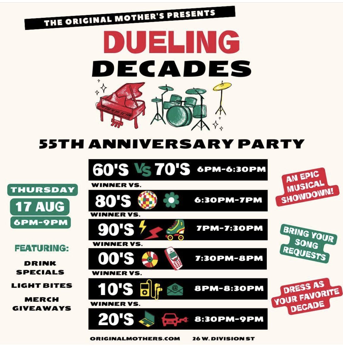 We're celebrating 55 years with an EPIC musical showdown on Thurs,Aug 17 from 6pm to 9pm! Join us as we duel through the decades, showcasing the top hits from the 1960's to today. Head to link in bio for more info! 
#lmgchicago #originalmothers #chicagopianobar #pianobar #chicago