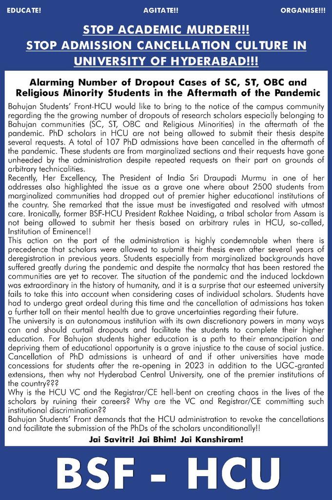 bsf_hcu's tweet photo. BSF - HCU requests @AppscIITb @Ambedkarite_aud @Swaerossu @SSU_Delhi  @BAPSA_JNU to extend their solidarity to the ongoing protest to revoke the cancellation of Ph.D. admissions and to curtail FORCED dropouts of marginalized students in University of Hyderabad. https://t.co/t4gVMGETV9
