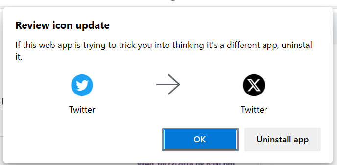 JanneFI's tweet photo. Twitter's rebranding to 'X' triggers Microsoft Edge security alert https://t.co/YSVkIb1vZt https://t.co/ARkdp9F4Av