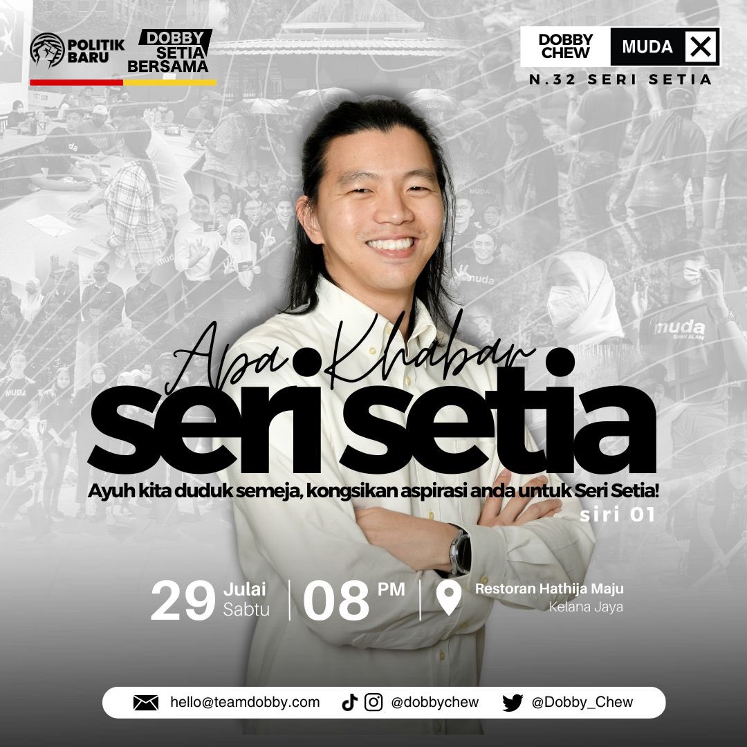 Dobby_Chew's tweet photo. Saya ingin buka langkah kempen saya dengan mendengar apa aspirasi dan cita-cita anda, warga Seri Setia.

Saya juga ingin berkongsi bagaimana kita boleh realisasikan aspirasi tersebut, bersama.

Janji saya untuk setia bersama anda warga Seri Setia.

 #PolitikBaru #SeriSetia https://t.co/KbQG1rp09a