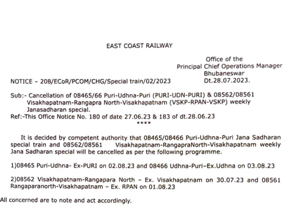 ecor_railfans's tweet photo. Cancellation of Trains :
08465/66 (Puri Udn Puri)
08562/08561 (Vskp Rpan Vskp)
@EastCoastRail #ECoRupdates https://t.co/BhanZV62lx
