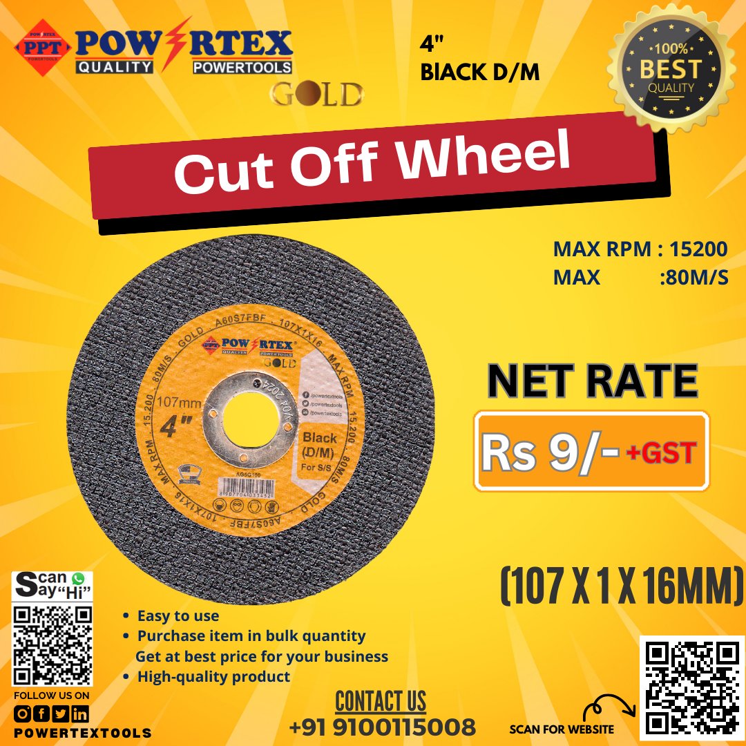 Powertextool's tweet image. POWERTEX GOLD CUT OFF WHEEL (107X1X16MM) order visit powertextools.com or download powertexb2b application from play store(bit.ly/3c9ZjAI). For New arrivals and Newly Launched Products please follow us @powertextools.
.
.
.
.
#powertex #cutoffwheel  #b2b