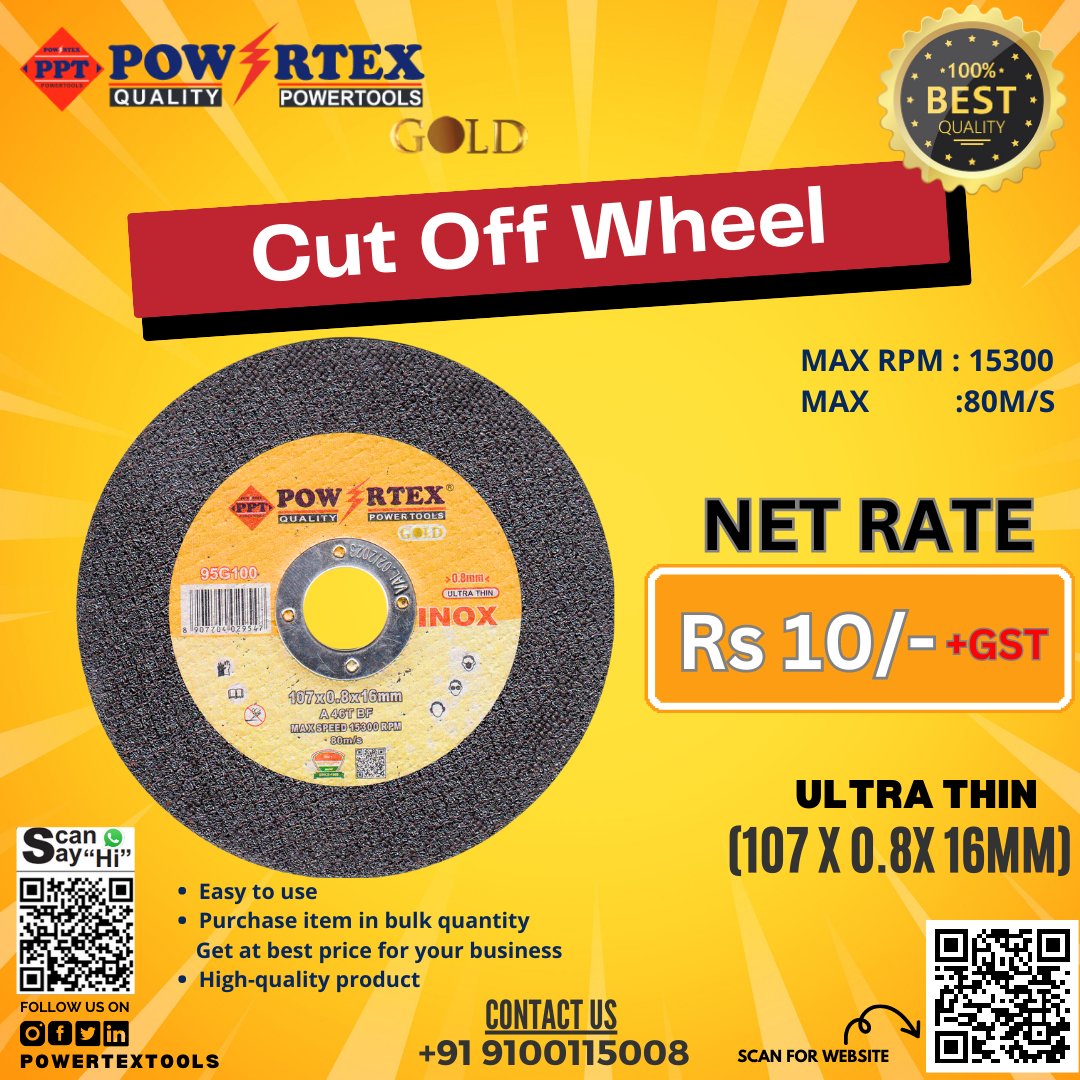 Powertextool's tweet image. POWERTEX GOLD CUT OFF WHEEL (107X0.8X16MM) order visit powertextools.com or download powertexb2b application from play store(bit.ly/3c9ZjAI). For New arrivals and Newly Launched Products please follow us @powertextools. . . . . #powertex #cutoffwheel #b2b