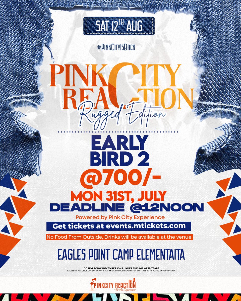 pinkcityreactio's tweet image. Last Early Bird tickets closing on Monday 31st,12noon.

Get your tickets on mticket or click here 👇🏾👇🏾👇🏾 events.mtickets.com/events/pinkcit…

#PinkCity #Elementaita #ragged