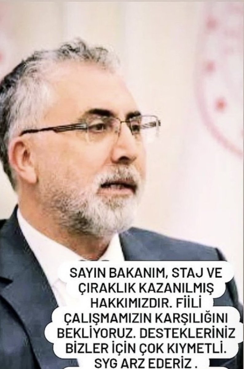 Fiili bi çalışmaya dayanan Staj ve çıraklık sürelerinin hizmetten sayılmaması doğru bir uygulama değildir.Sizden çözüm bekliyoruz.
@RTErdogan @dbdevletbahceli
@saffetsancakli @akbasogluemin
@isikhanvedat @MHP_Bilgi
#EvdeBakımaŞartsızŞahsiGüvenceHaktır
#StajyerÇırakOrtakTagda