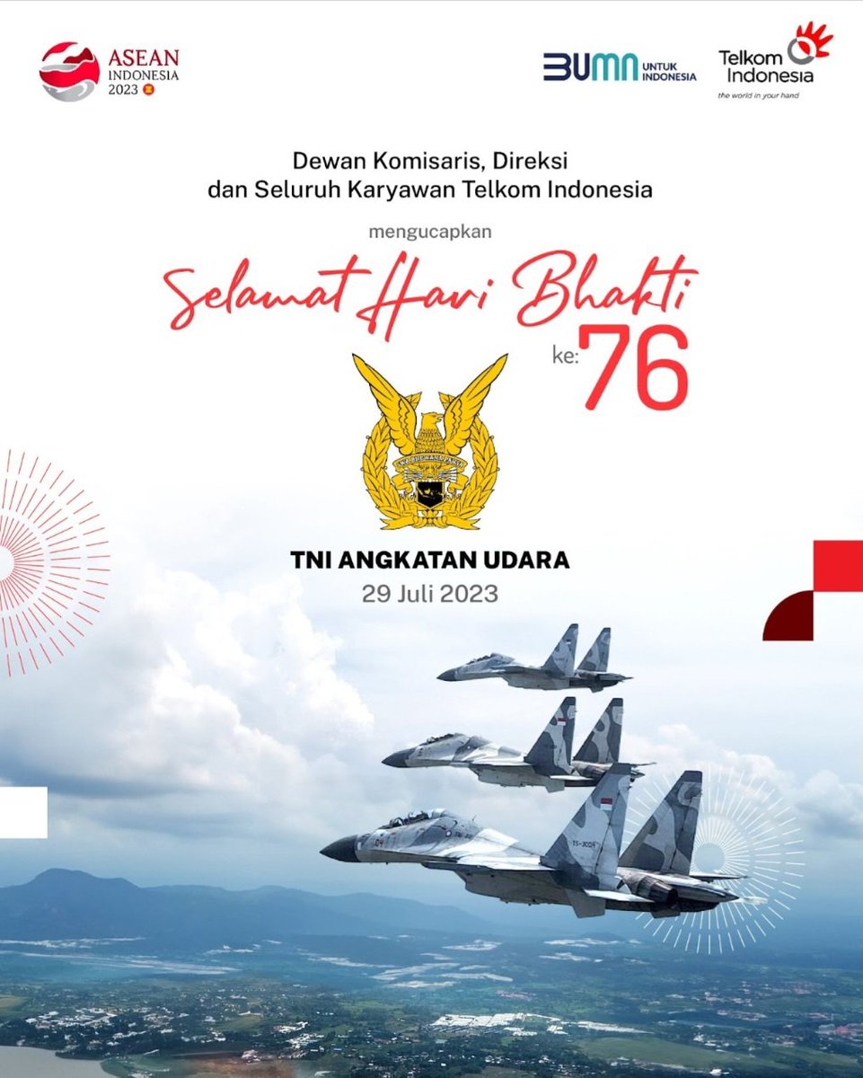 TelkomIndonesia's tweet photo. Aksi heroik yang terjadi pada 29 Juli 1947, menjadikan hari Bhakti TNI AU momentum yang sarat akan perjuangan.

Semoga @_TNIAU semakin jaya, dan menjadi sayap tanah air. #ElevatingYourFuture https://t.co/itKy46aAec