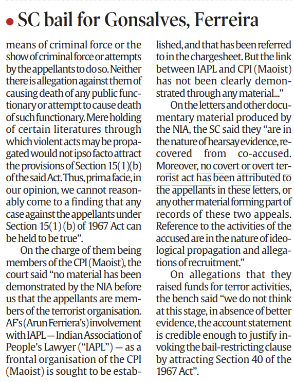 SauravDassss's tweet image. That it took 5 years of incarceration and the apex court judges to finally set two UAPA accused in the Elgar Parishad-Bhima Koregaon case free is in itself a travesty of justice. 

The Supreme Court differed from two judgements of the Bombay High Court, holding that mere…